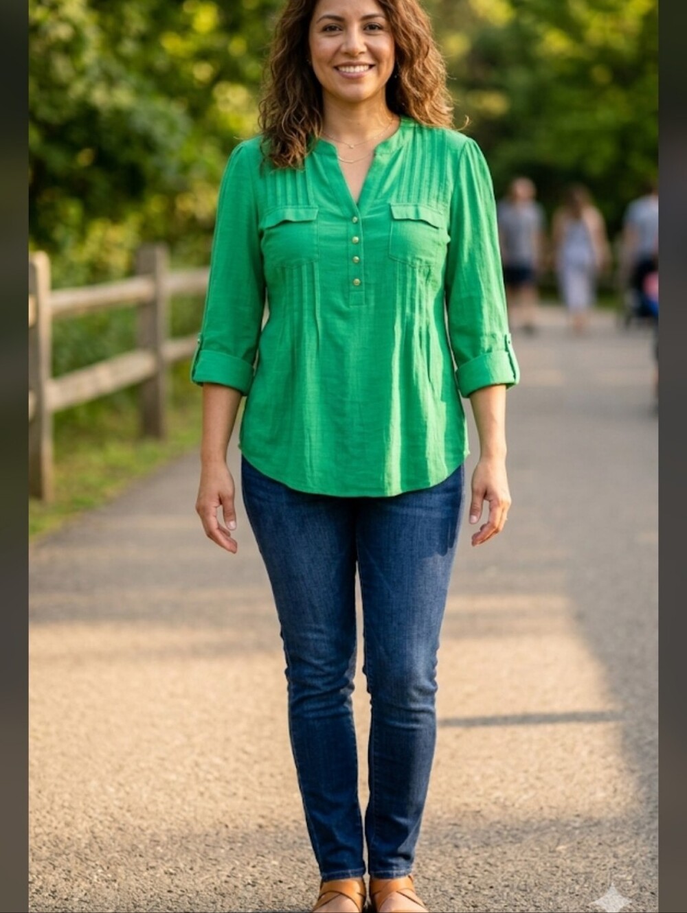 Cocomo Kelly Green Henley Tunic with Buttoned Roll Sleeves